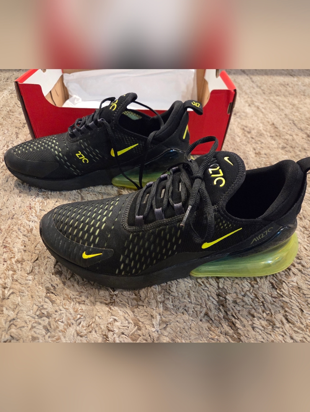 Nike Black and Neon Yellow Air Max 270 Sneakers Mens 10.5